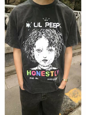 OXXO致敬LilPeep复古水洗街头机车卡通手绘印花短袖T恤男女同款潮
