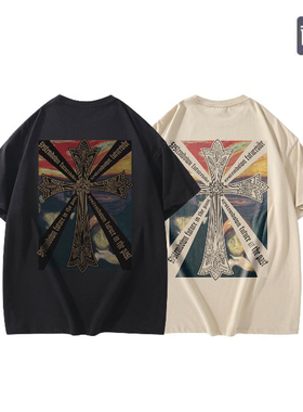 【得物同款】Systemdown光芒万丈十字架手绘印花短袖T恤男女国潮
