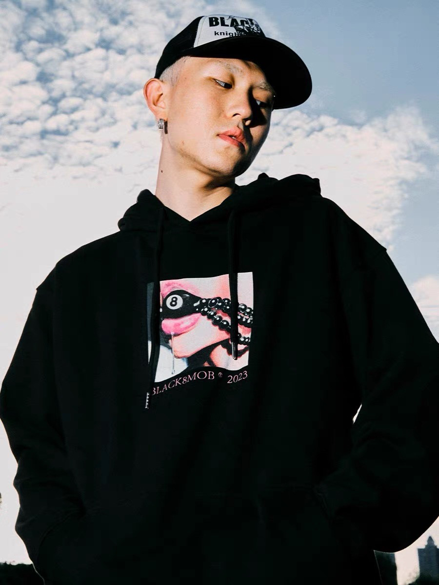 【BLACK8MOB】2024FW美式黑八口球印花休闲连帽卫衣宽松男女同款