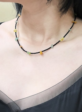 天然黑尖晶石项链时尚百搭个性风潮串珠项链满天星锁骨链小众春夏