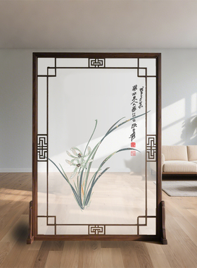 定制半透明纱布画茶室书房入户玄关隔断实木古画兰花双面刺绣屏风