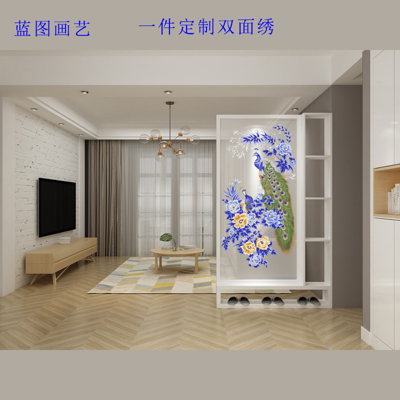 定制双面苏绣半透明纱布画屏风玄关隔断装饰风水刺绣孔雀别墅酒店图片