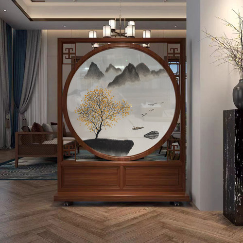 定制半透明纱布禅意山水墨画书房实木折叠座隔断单双面苏刺绣屏风
