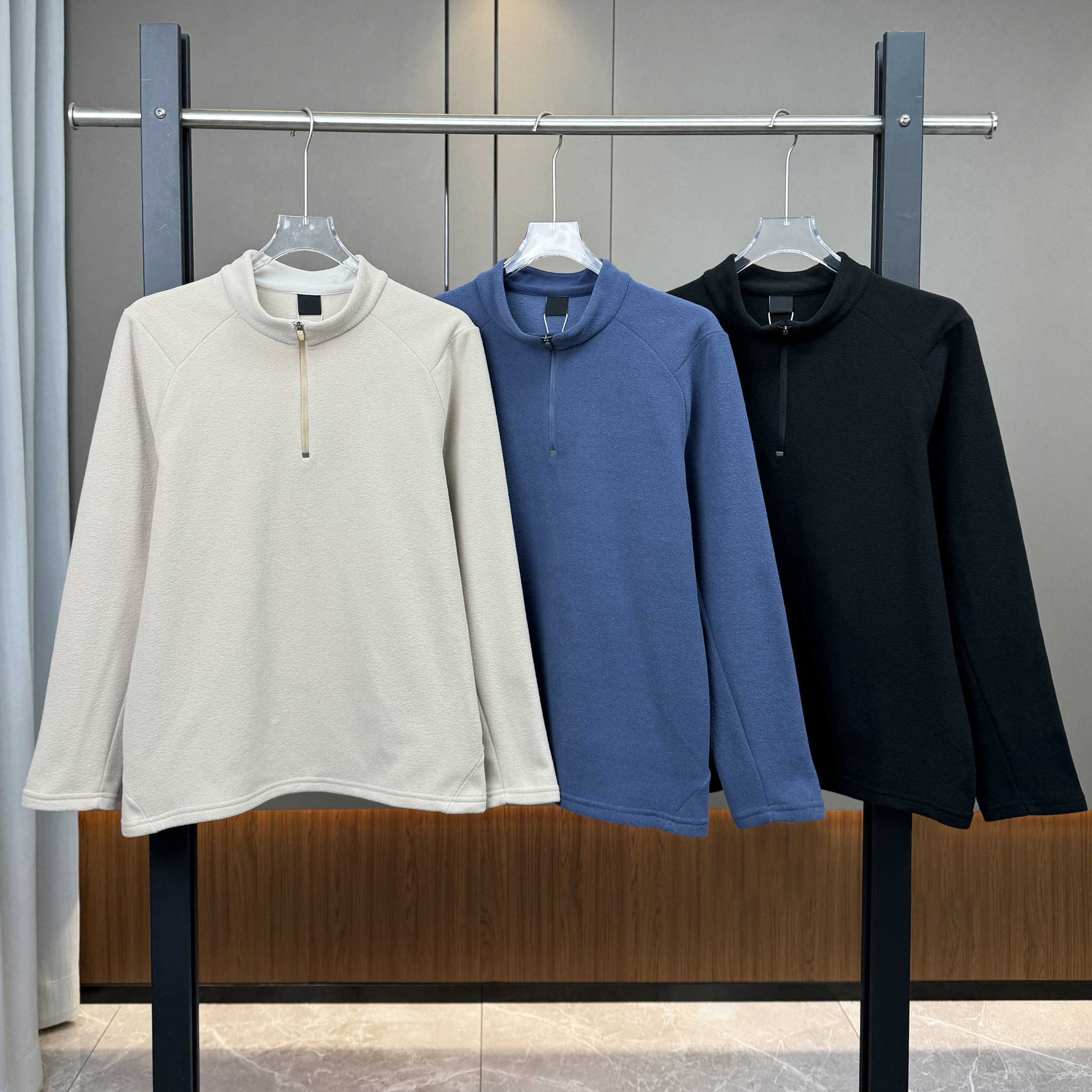 户外休闲衣男士仿羊驼质感半拉链长袖T恤