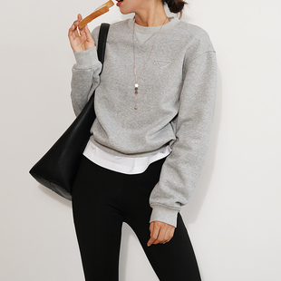 宽松休闲上衣百搭秋冬 加厚圆领净版 DECEMARCH加绒保暖卫衣女 短款