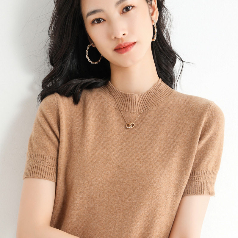 秋冬针织短袖女半高领毛衣时尚修毛针织衫