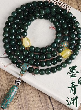 108颗墨绿色菩提手串手持佛珠玛瑙吊饰老型桶珠文玩盘玩手链