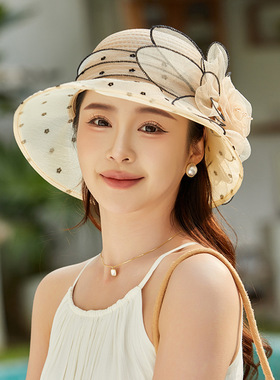 新款帽子女夏季时尚百搭雏菊复古欧根纱小沿欧美风防嗮帽遮阳帽