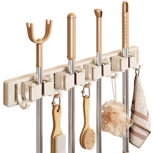 浴室奶油风拖把夹挂钩免打孔卫生间收纳神器拖布扫把固定架壁挂式