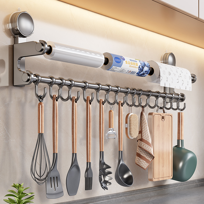 厨房吸盘置物架挂钩勺子铲子排钩免打孔多功能挂杆锅铲墙上收纳架