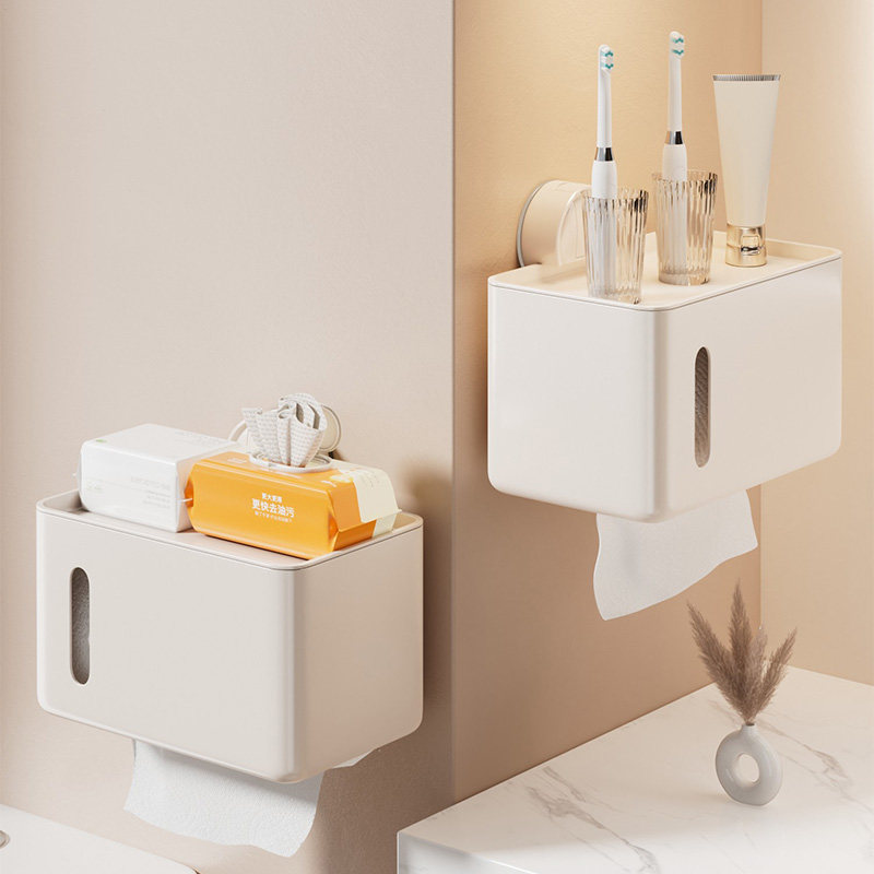卫生间厕纸盒壁挂纸巾卷纸垃圾袋收纳挂架厕所洗手间免打孔奶油风