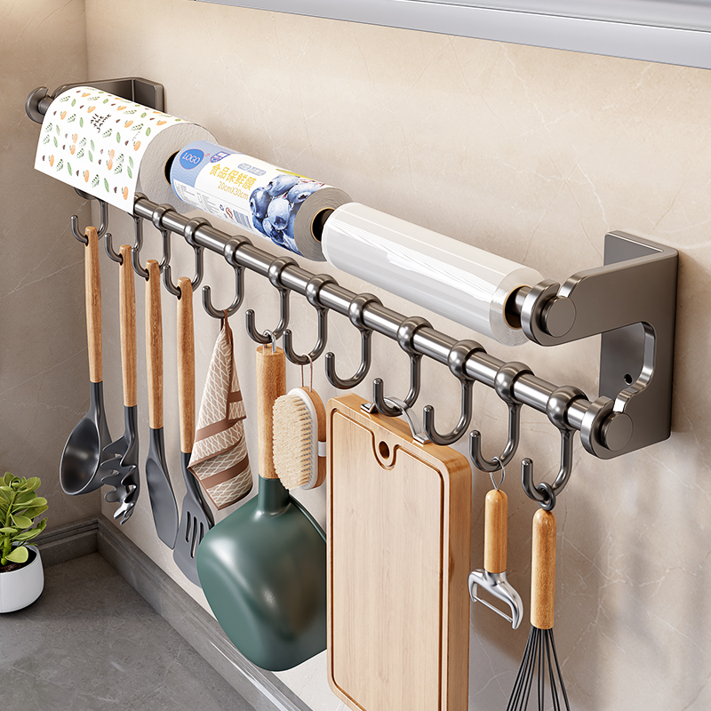 厨房挂钩免打孔挂杆锅铲勺子挂架保鲜膜纸巾架多功能收纳架壁挂式