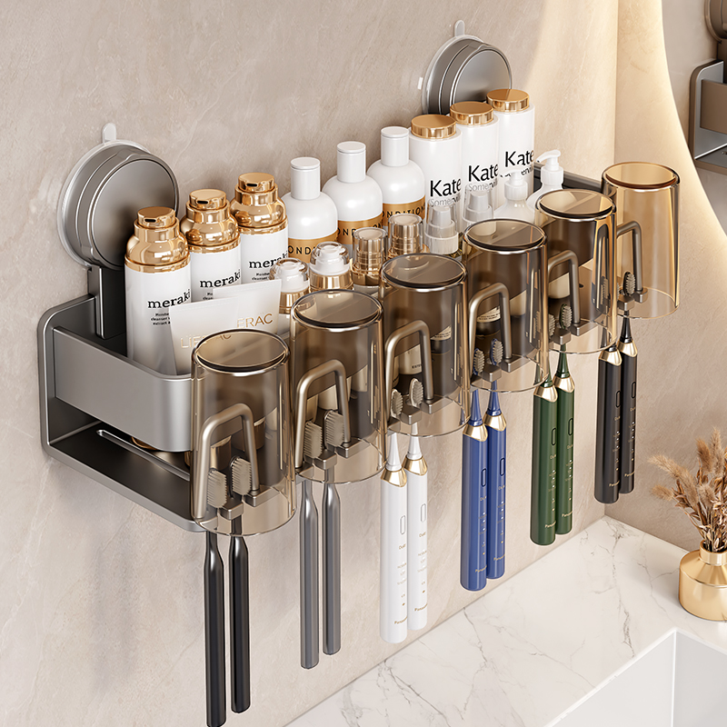 吸盘牙刷加宽置物架免打孔卫生间漱口杯电动牙杯牙膏化妆品收纳架
