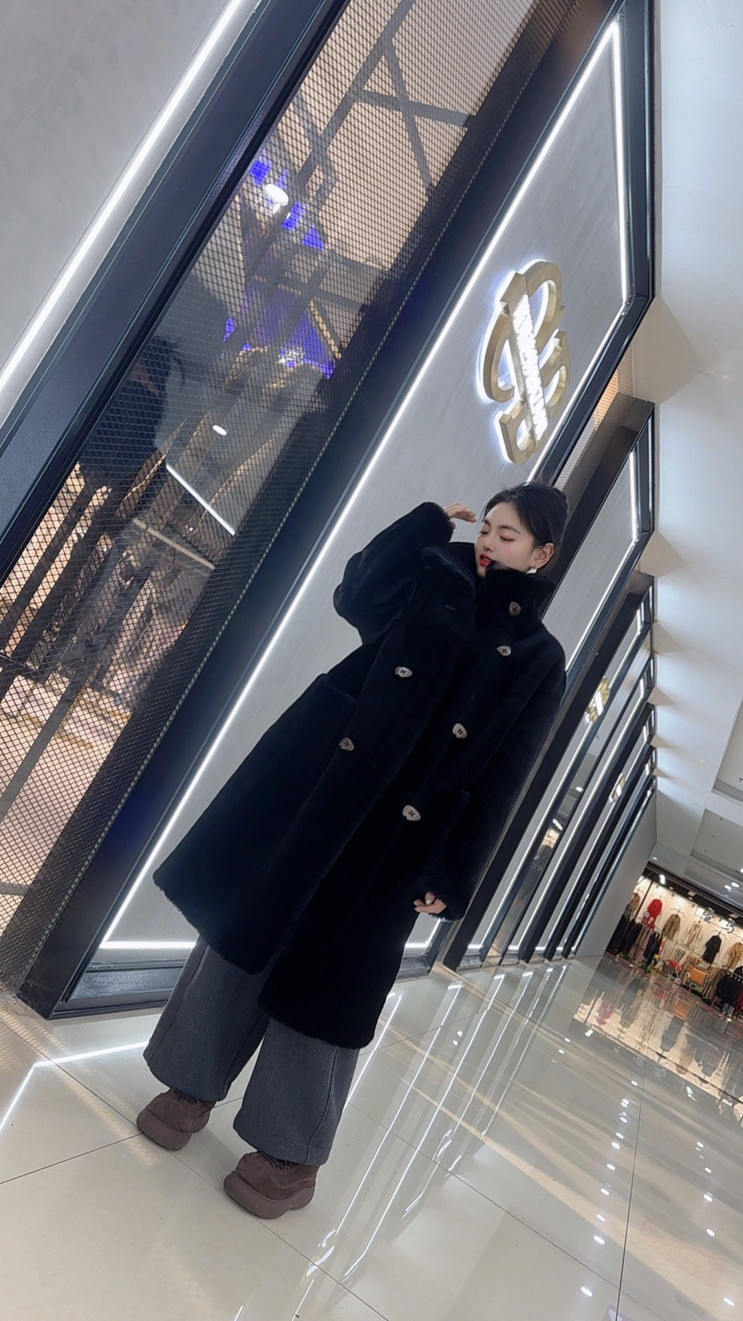 高立领高品质皮草加长款羊皮毛一体外套宽松大码双排扣大衣