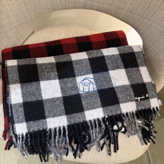 香港专柜代购agnes b 時尚格紋羊毛混纺双面围巾 25秋冬女款