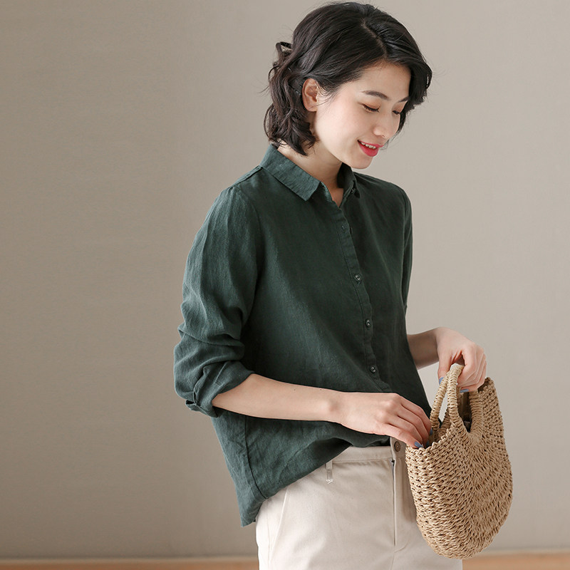 左耳左岸文艺棉麻衬衣女装新款上衣 设计感小众宽松长袖亚麻衬衫