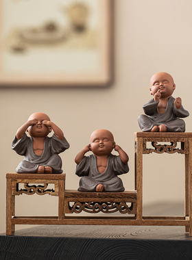创意紫砂三不小和尚摆件