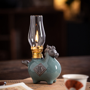 创意陶瓷唐马酥油灯防风香薰灯复古侘寂风灯盏灯台底座茶室长明灯