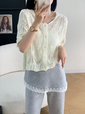 镂空连帽针织开衫上衣