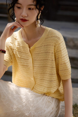 工厂 法甜香颂~天丝三醋酸法式圆领香风针织衫镂空短袖上衣女夏
