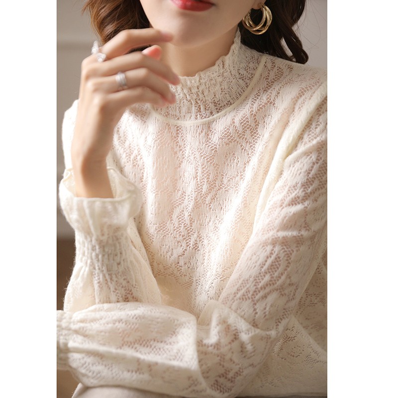 厂家羊毛针织衫女薄款木耳边罩衫提花上衣半高领蕾丝打底衫女秋季