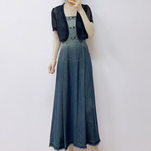 百搭网格小外披 时尚 牛仔吊带连衣裙两件套裙602 新款 2026年夏季