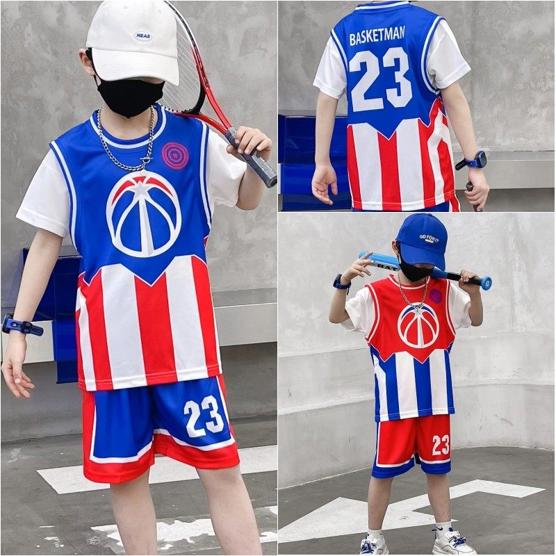 新款儿童篮球服假两件幼儿园表演队服小学男生球衣女孩短袖套装