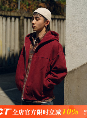 BDCT 日系复古结构酒红色连帽重磅开衫卫衣男女潮牌宽松上衣外套