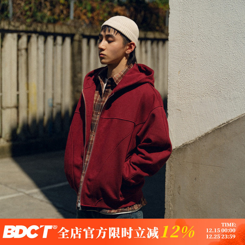 BDCT复古酒红色连帽开衫卫衣外套