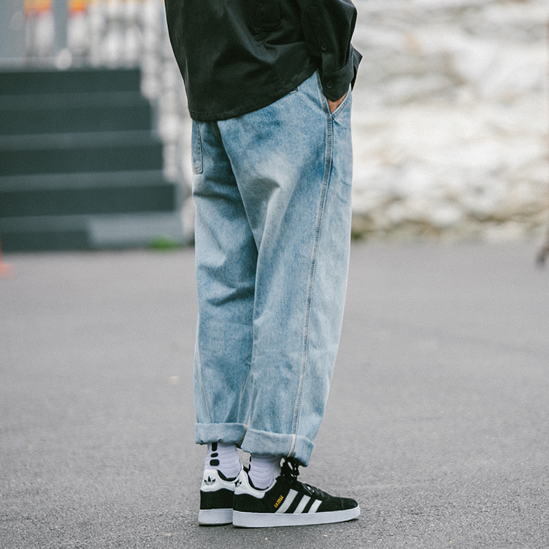 日系腰带宽松直筒做旧工装休闲裤