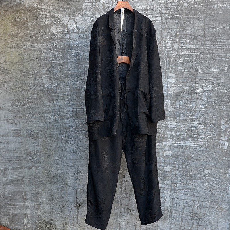 三世一木原创春秋人丝套装平驳领长袖衬衫外套长裤大码时尚流行帅