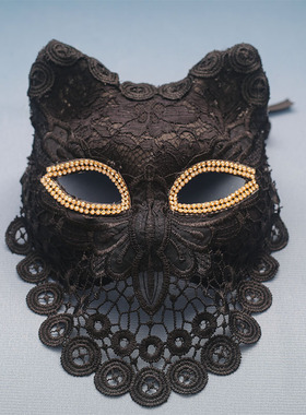 假面舞会万圣节派对狂欢节黑色猫面具蕾丝蒙面舞者舞台复古风妖女