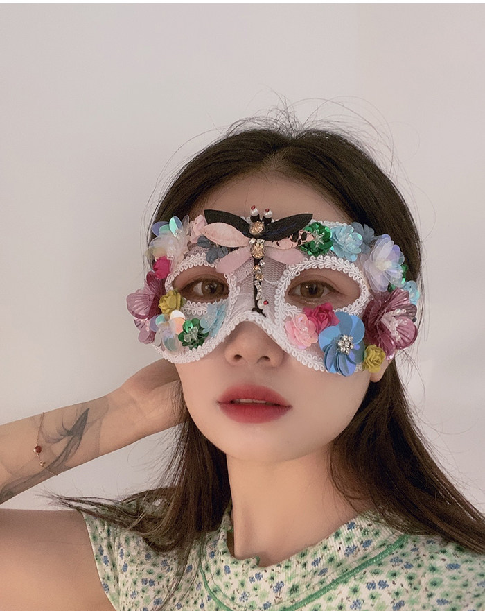 彩色白色简约鲜艳花朵彩钻蜻蜓美女公主万圣节面具假面舞会派对女