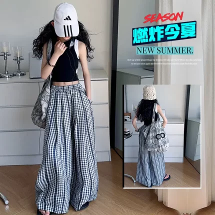 女童夏季宽松洋气休闲直筒长裤2025新款大童棉麻防蚊裤直筒拖地裤