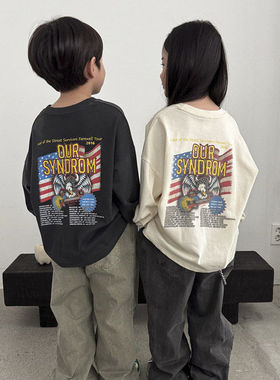 OUR字母拼色长袖T恤！韩国童装代购2026春款男女童中大童长袖上衣