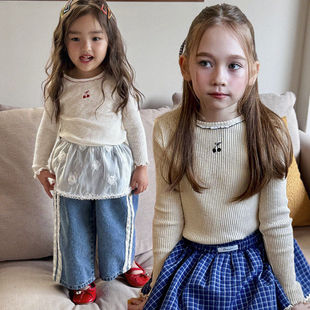 POISSON坑条绣花针织打底衫！韩国童装代购2026春款女童长袖上衣
