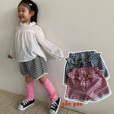 PIE花边格纹短裤！QZQZ~韩国童装26春款女童中小童直筒裤