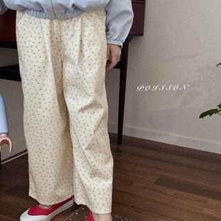 POISSON纽扣碎花拼色休闲裤！韩国童装代购2026春款女童休闲裤