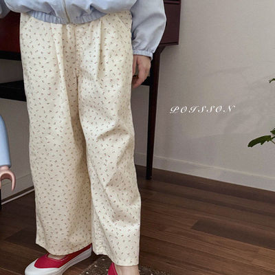 POISSON纽扣碎花拼色休闲裤！韩国童装代购2026春款女童休闲裤