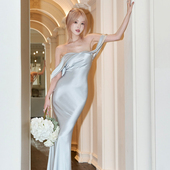 SasaStudio气质名媛甜美一字肩鱼尾连衣裙长裙礼服