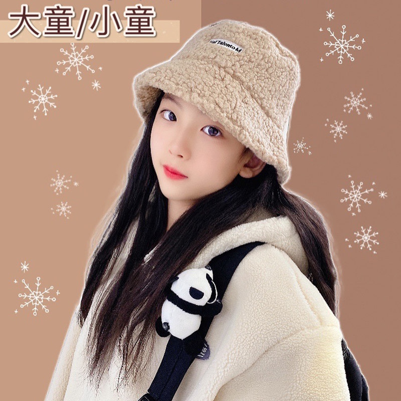 秋冬新潮中大童女孩羊羔绒盆帽