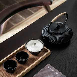 设计师严选新中式茶室铸铁松针茶壶提梁壶铁壶客厅书房博古架摆件