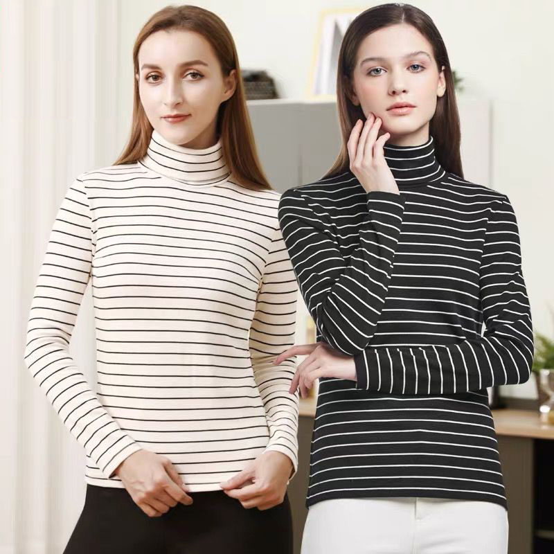 三枪秋衣女士秋冬季内搭彩条高翻领单件保暖上衣可外穿长袖打底衫