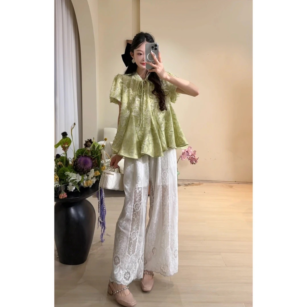 DD【青苹果】套装女小众设计师品牌娃娃衫蕾丝长裤两件套夏季千金