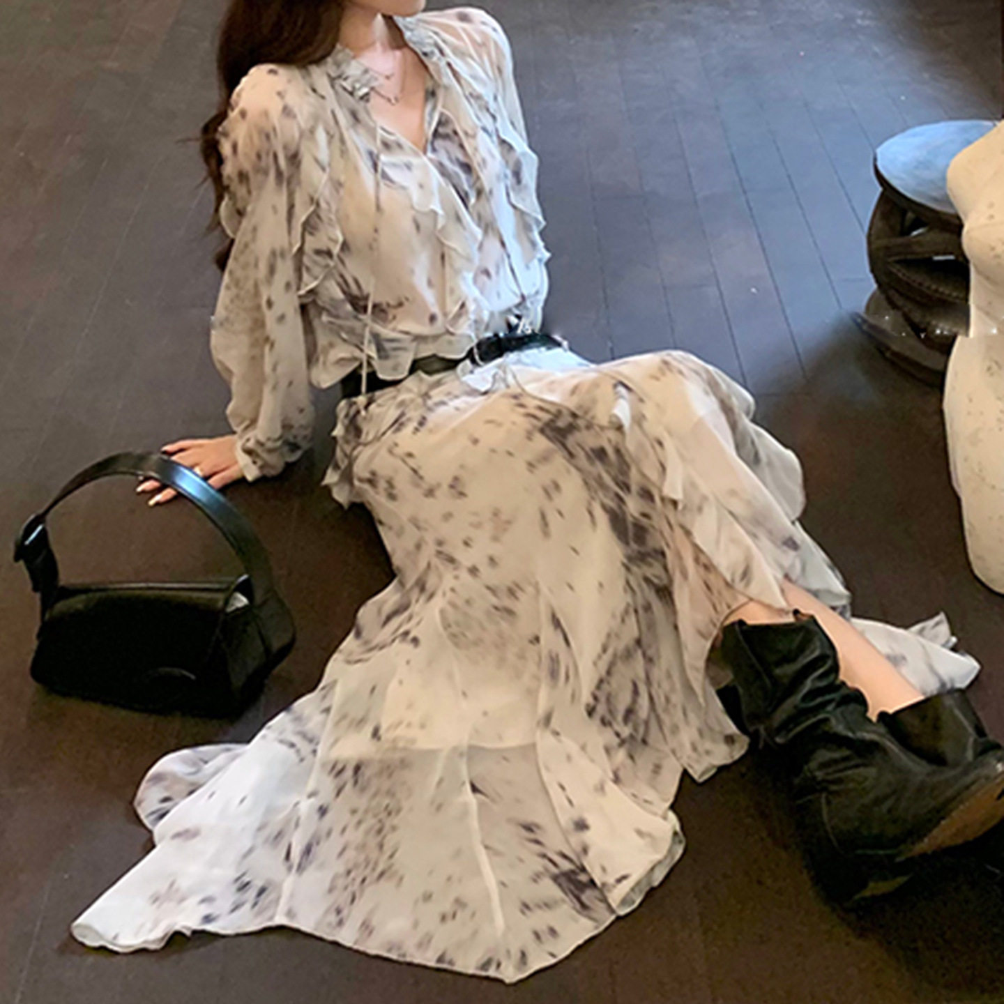 现货花花 旧桥一梦~油画感法式花边长袖衬衫女韩系不规则半身裙