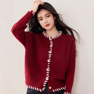 R3751绑带编织小个子法式 红色毛衣女秋冬外穿过年新年针织开衫