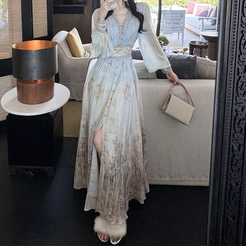 现货BEQUEEN【海市蜃楼】复古油画感桑蚕丝真丝双绉气质显瘦连衣