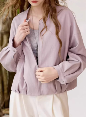 2026春季新款PU皮衣外套圆领夹克开衫短款落肩外套D411AM102W00