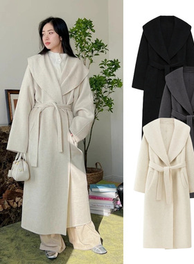 隆美 羊毛睡袍大衣女2025秋冬新款北欧VKC风大翻领长款系带外套