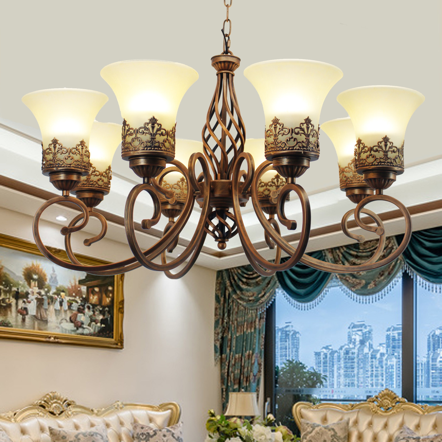 欧式铁艺客厅吊灯仿古铜卧室餐厅吊灯时尚大气书房灯具led美式